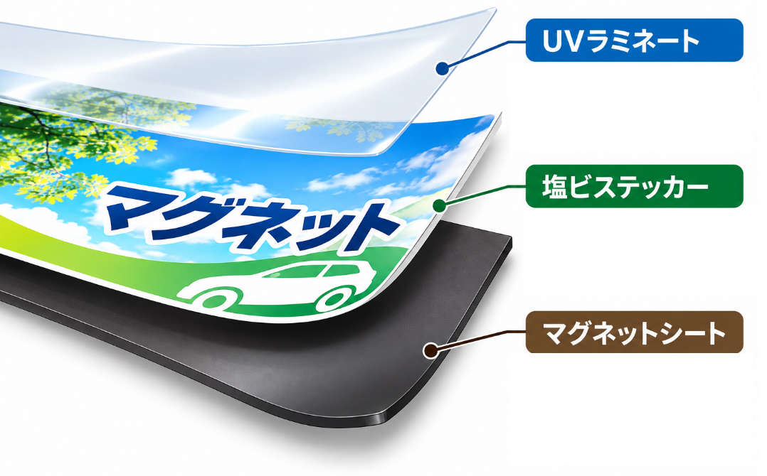 マグネットシートと塩ビステッカーとUVラミネートの３層構造